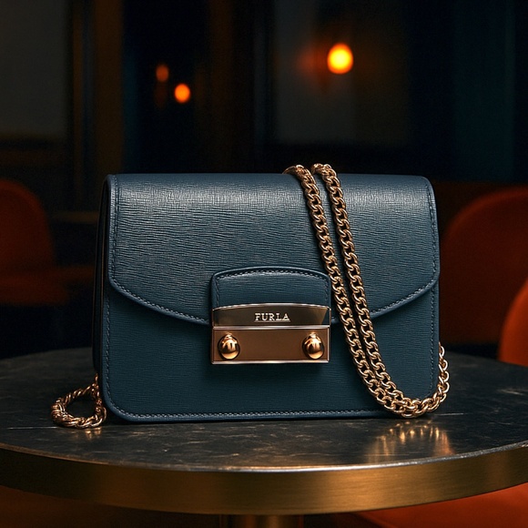 Authentic Furla Petroleum Mini Julia with Gold Chain Strap Crossbody Bag